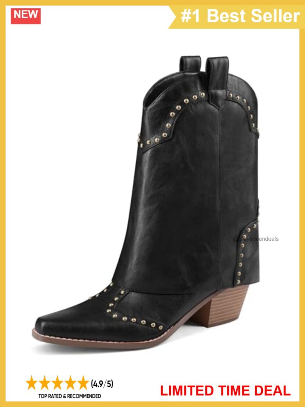 Faux Leather Western Ankle Boots Fold Over Snip Toe Chunky Heel Pull On